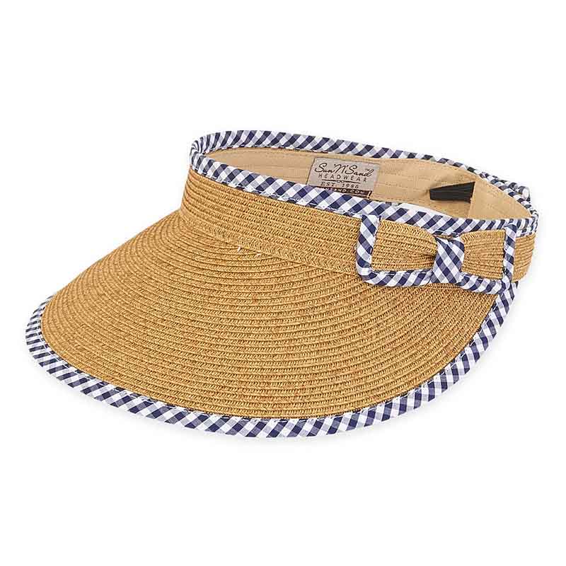 Gingham Trimmed Wide Brim Roll Up Sun Visor - Sun 'N' Sand Hats Visor Cap Sun N Sand Hats HH2430B Toast / Navy  