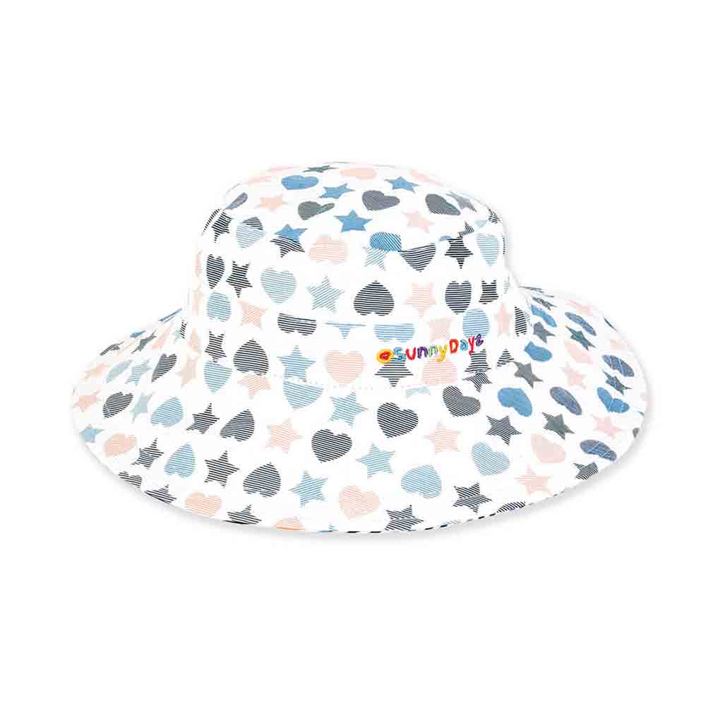 Girls Reversible Hearts and Stars Cotton Bucket Hat - Sunny Dayz Hat Bucket Hat Sun N Sand Hats HKYML166 Blue M/L (55 cm) 