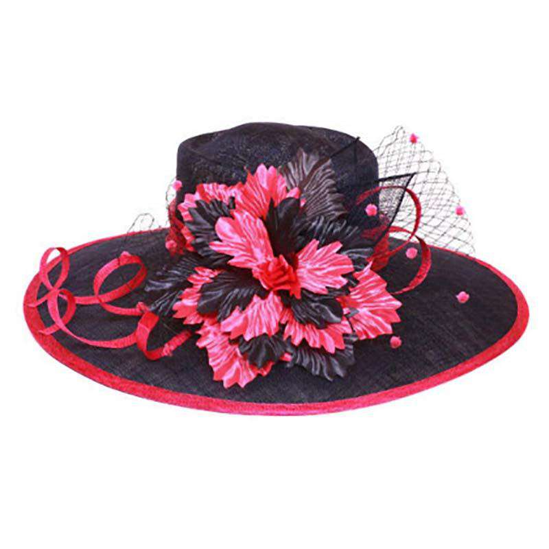 Sinamay Derby Hat with Silky Flower Accent Dress Hat Something Special Hat HF2583NV Navy and Fuchsia  