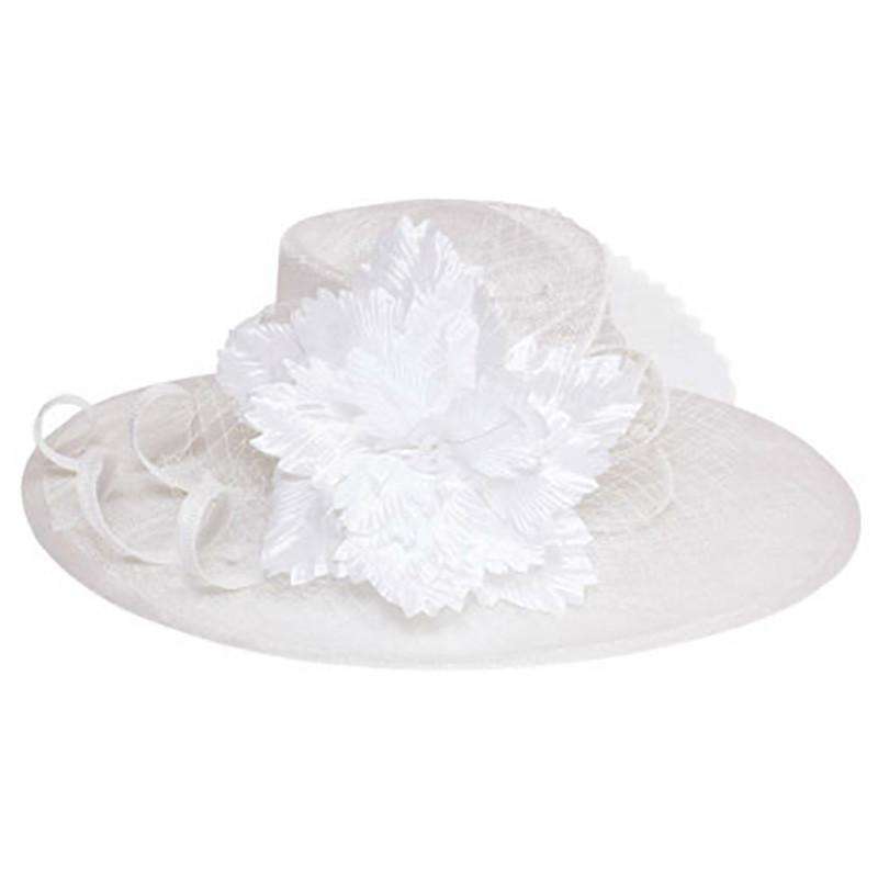 Sinamay Derby Hat with Silky Flower Accent Dress Hat Something Special Hat HF2583WH White  