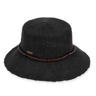 Bryn Woven Bangkok Toyo Bucket Hat with Beads - Sun 'N' Sand Hat Cloche Sun N Sand Hats HH1235B bk Black Medium (57 cm) 