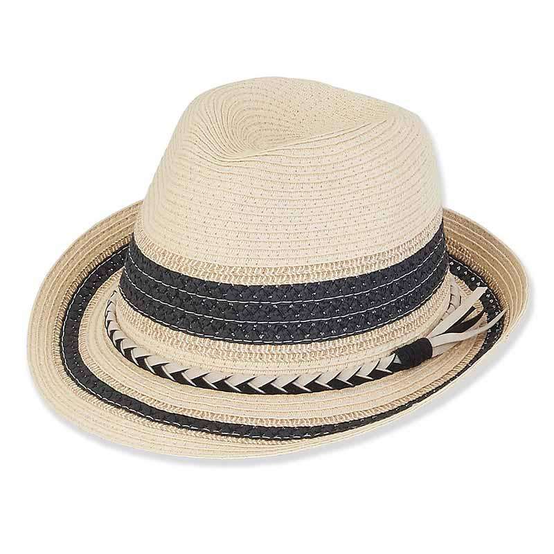 Striped Crown Fedora Hat with Braided Suede Band - Sun 'N' Sand Hats Fedora Hat Sun N Sand Hats HH1644A bk Natural / Black Medium (57 cm) 