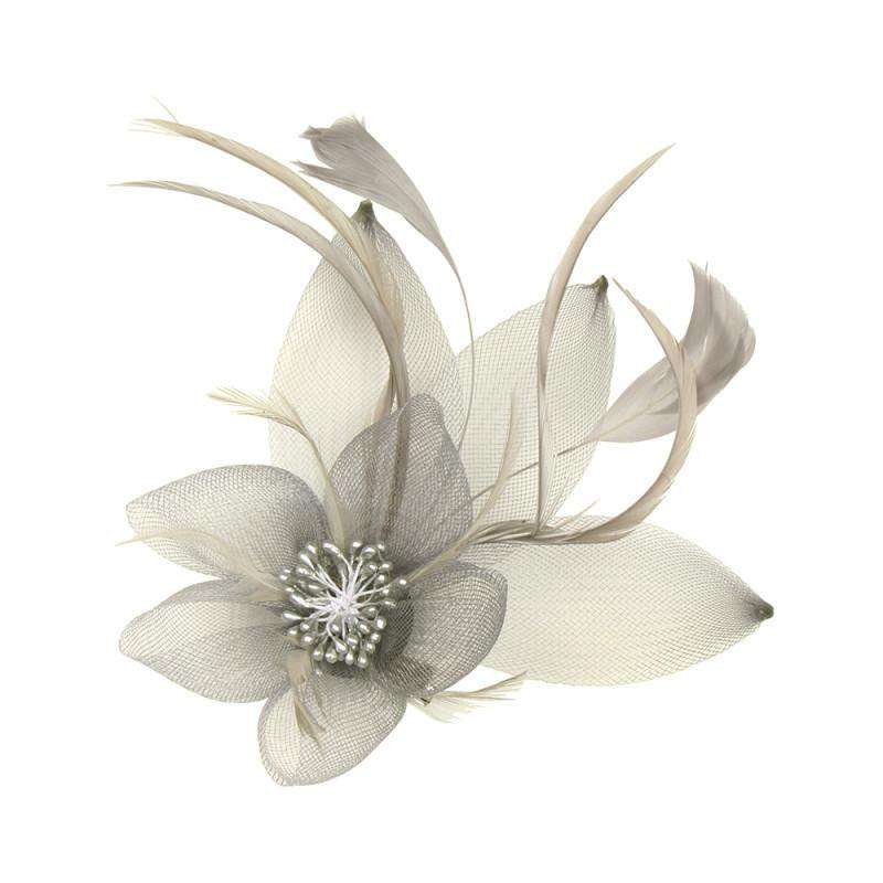 Bead Center Flower and Leaves Fascinator Brooch Pin - Something Special Fascinator Something Special LA HTH1292GY Grey