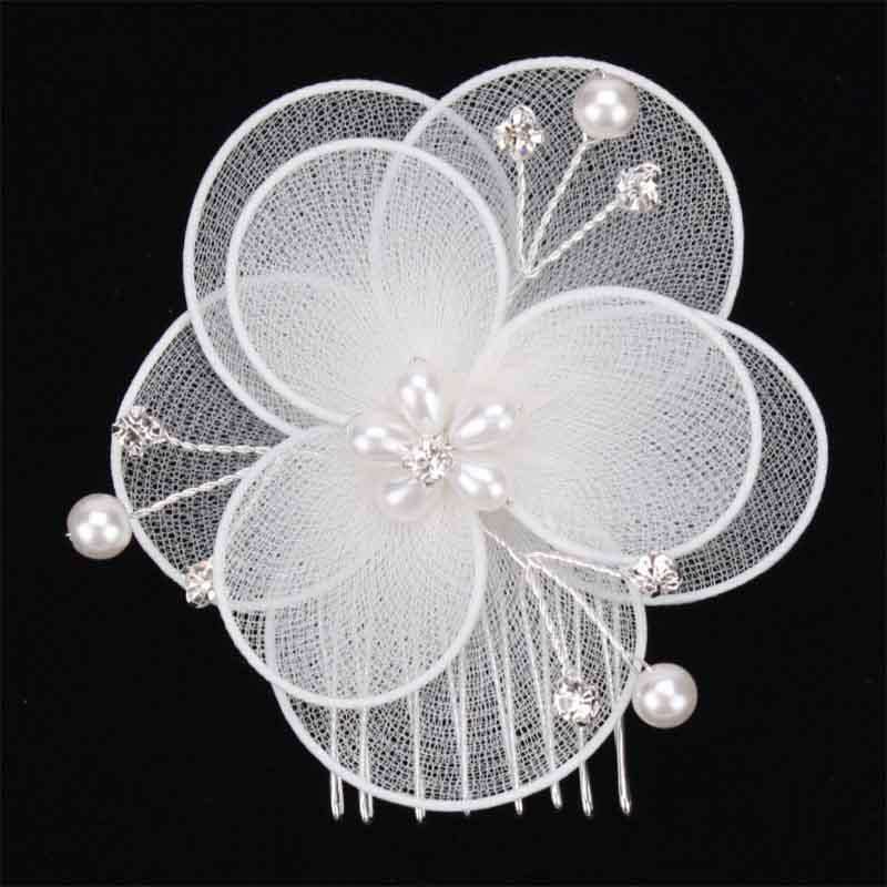 Mesh Flower with Beads and Pearl Bridal Hair Comb Fascinator Something Special LA hwy3145 White  