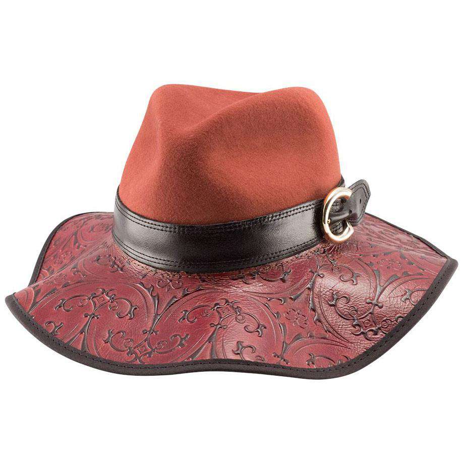 Janet - Embossed Brim Leather Hat -Red Safari Hat Head'N'Home Hats WWhhjanetRD Red  