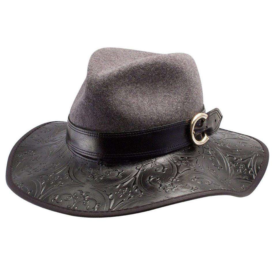 Janet - Embossed Brim Leather Hat -Black Safari Hat Head'N'Home Hats WWhhjanetBK Black  