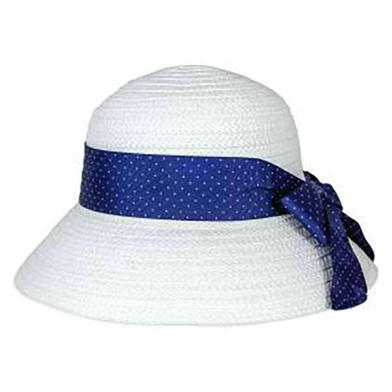 Blue Polka Dot Ribbon Bow Summer Bucket Hat - Jones New York, Cloche - SetarTrading Hats 