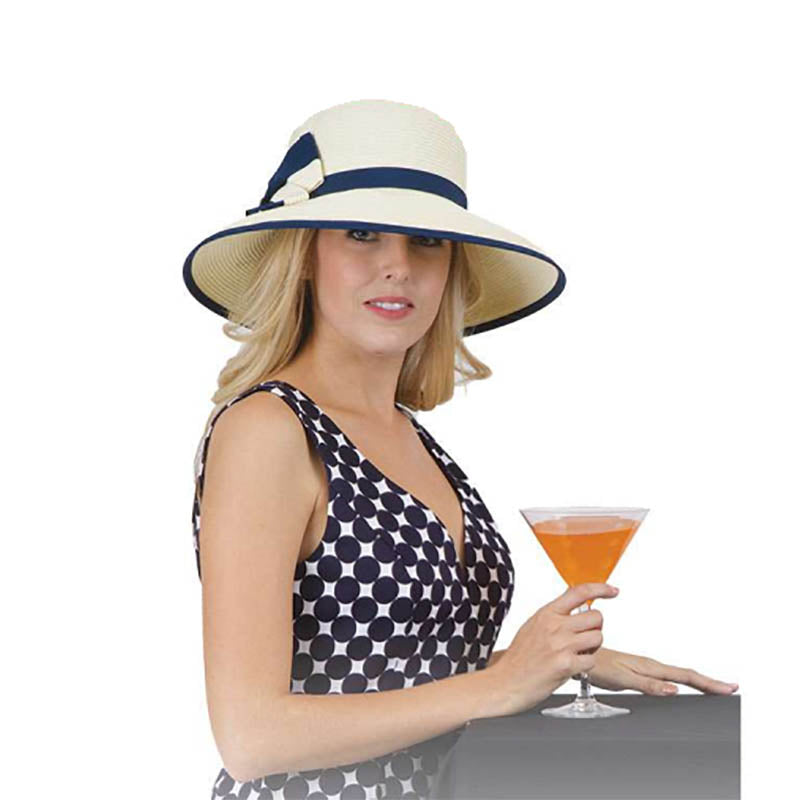 Navy Ribbon Trimmed Ivory Straw Summer Hat