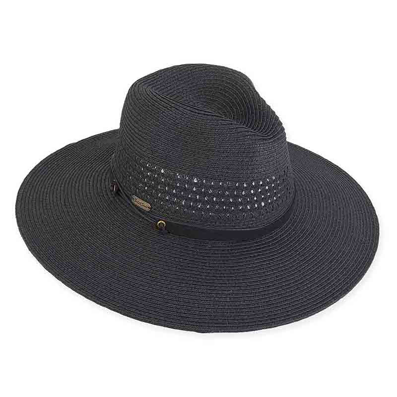 Wide Brim Straw Safari Hat with Lattice Woven Crown - Sun 'N' Sand Hats Safari Hat Sun N Sand Hats HH1989A Black  