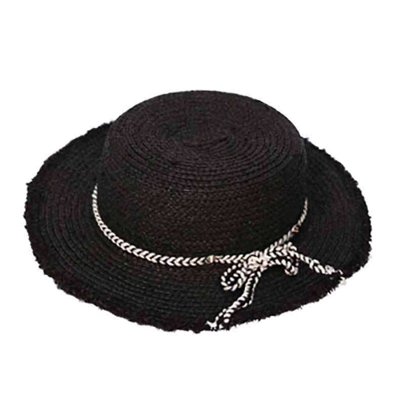 Raffia Braid Boater with Embroidered Tie - Large Size Women's Hats Bolero Hat KW Fashion lch135bk Black  