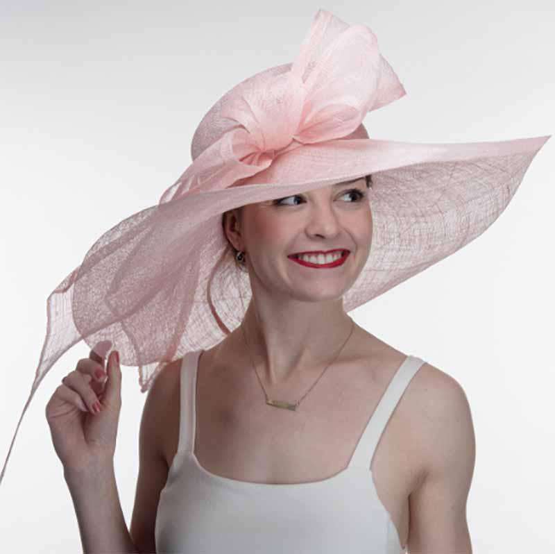 Light Pink Long Bow Large Brim Sinamay Derby Hat - KaKyCO Dress Hat KaKyCO 117146-81 Pink  