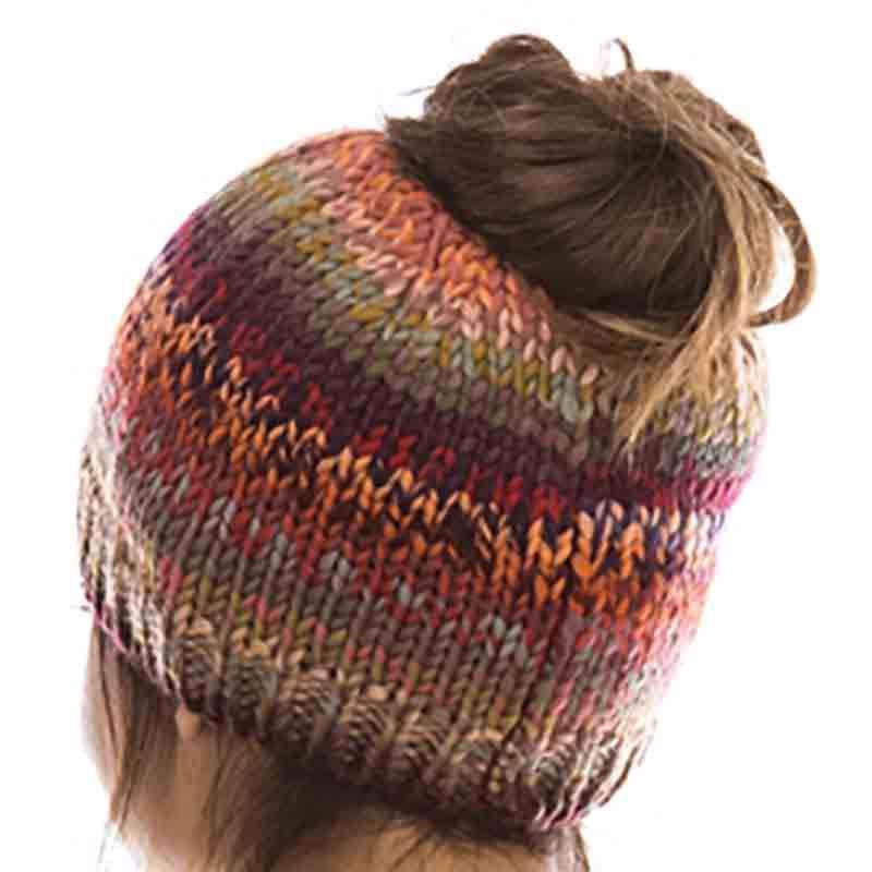 Space Dyed Yarn Messy Bun Fashion Beanie - DNMC Beanie Boardwalk Style Hats    