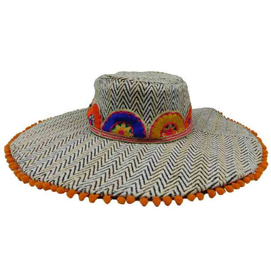 Zig Zag Woven Bohemian Hat with Pom Pom Brim  - America and Beyond, Wide Brim Hat - SetarTrading Hats 