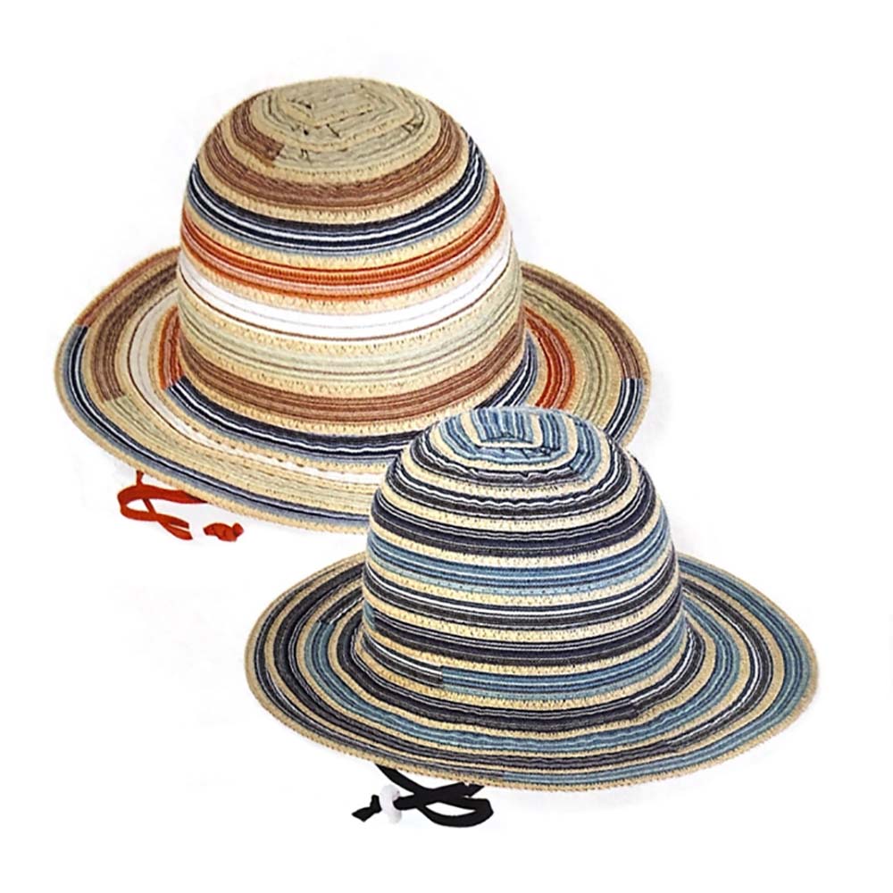 Petite Multi Tone Ribbon Hat with Chin Strap - Sunny Dayz™ Bucket Hat Sun N Sand Hats HKYOS174B Brown Small (54 cm) 