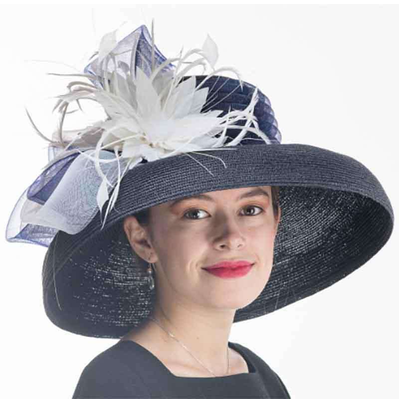 Tiffany Brim Polystraw Dress Hat with Feather Flower - KaKyCO Dress Hat KaKyCO 301852-nv.wt Navy  