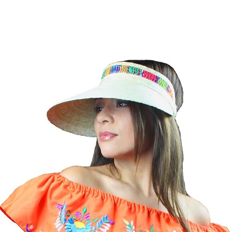 Handmade palm straw striped wide brim adjustable visor sun beach hat size OSFA Striped Woven Palm Leaf Visor – Straw Sun Hat | Blue, Green  main image 4