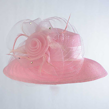 Flower with Pleats Down Brim Church Hat, Pink - KaKyCO Dress Hat KaKyCO 301729pk Pink  