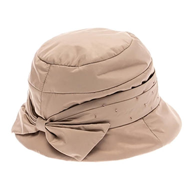 Quilted Cloche Hat with Bow and Tiny Bead Detail by DNMC Cloche Boardwalk Style Hats da3165 Camel Medium (57 cm) 