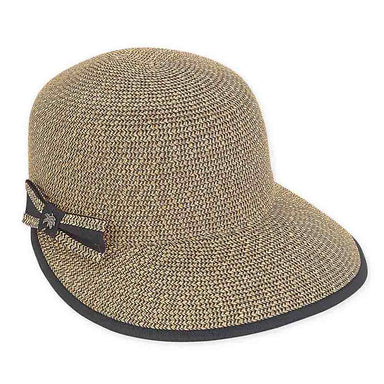 Ribbon Trimmed Wide Brim Cap with Palm Pin - Jeanne Simmons Hats Facesaver Hat Jeanne Simmons JS8203BT Black M/L (57-58 cm) 