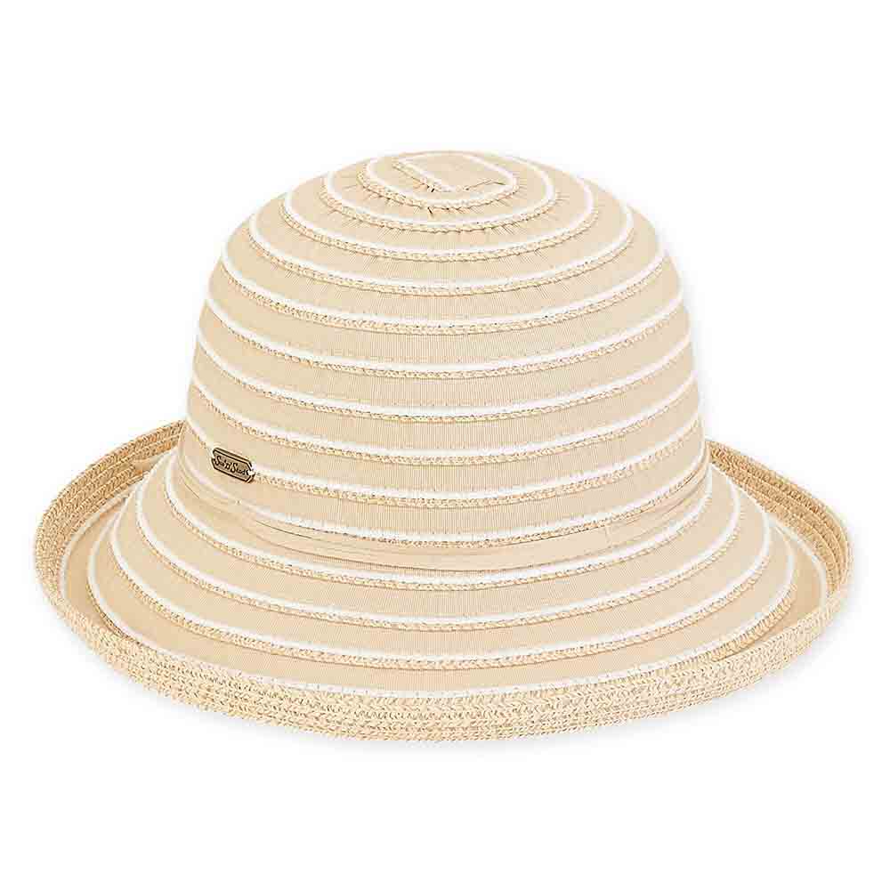 Denim Ribbon and Braid Stripe Up Brim Sun Hat - Sun 'N' Sand Hats Kettle Brim Hat Sun N Sand Hats hh2422A Natural Medium (57 cm) 