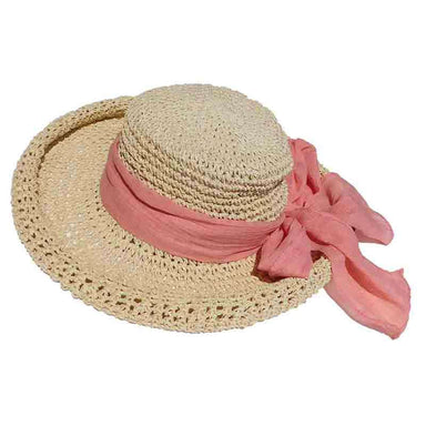 Rolled Brim Toyo Straw Hat with Gauze Tie - Scala Pronto Kettle Brim Hat Scala Hats lt94co Coral  