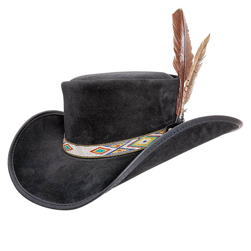 Shawnee Suede Leather Western Hat with Feather Steampunk Hatter
