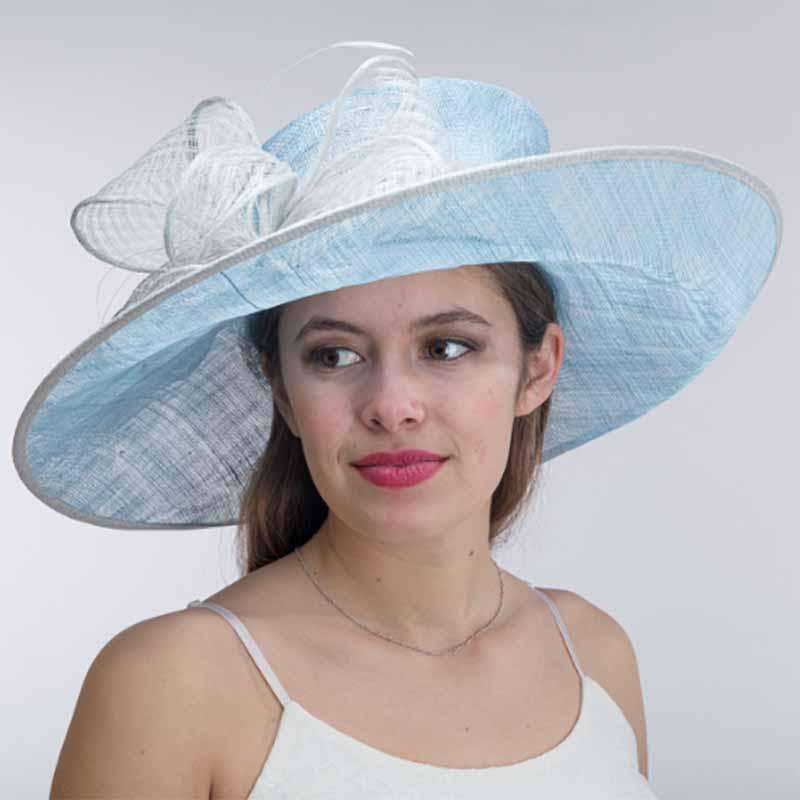 Sky Blue and Silver Eyelet Bow Tie Turned Up Brim Sinamay Hat - KaKyCO Dress Hat KaKyCO    