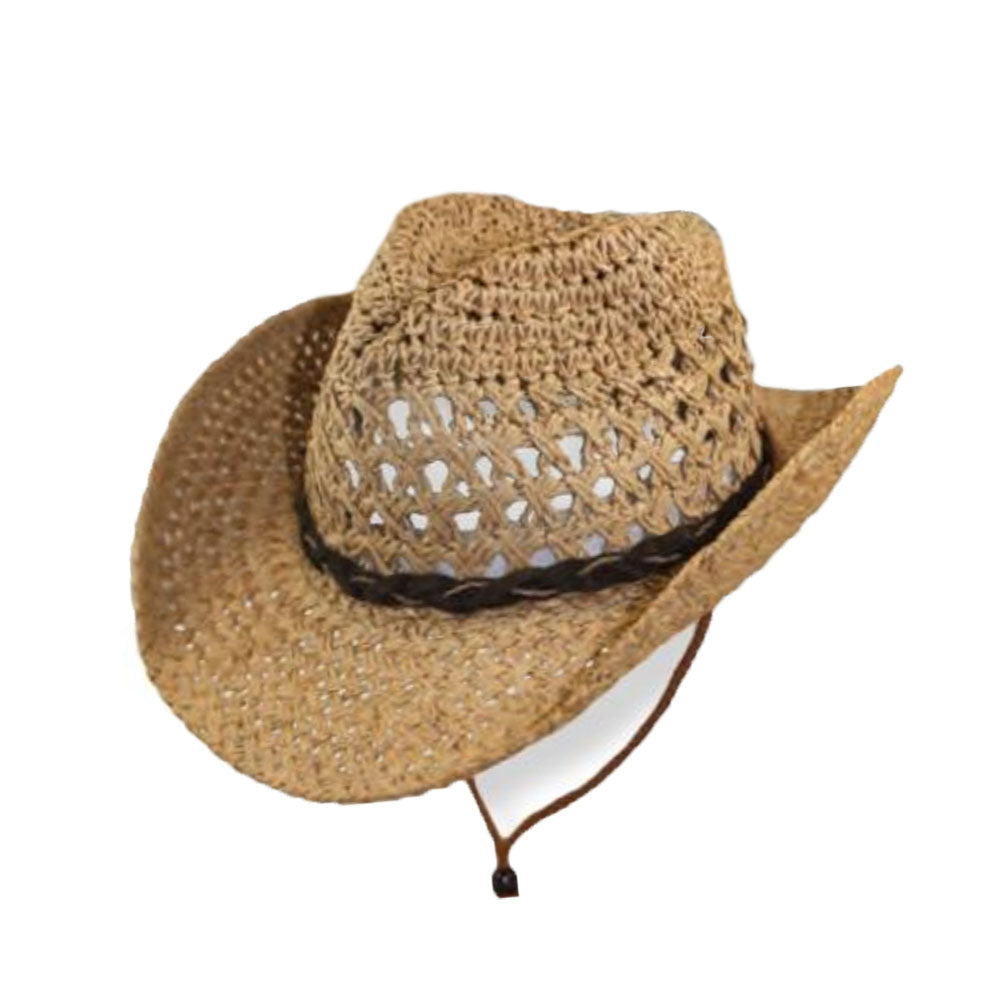 Small Heads Open Weave Straw Cowboy Hat with Chin Cord - Jeanne Simmons Hats Cowboy Hat Jeanne Simmons js1245tn Tan Extra-Small (54 cm) 