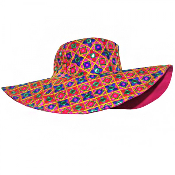 Hot Pink Bohemian Hat Accented with Tiny Mirrors - America and Beyond, Wide Brim Hat - SetarTrading Hats 