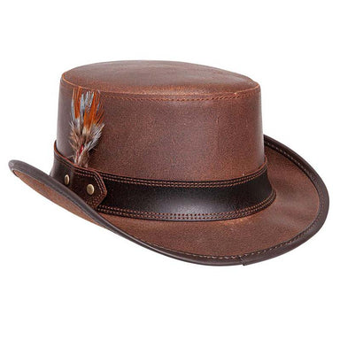 Stoker Leather Top Hat with Feather, Brown - Steampunk Hatter Top Hat Head'N'Home Hats    