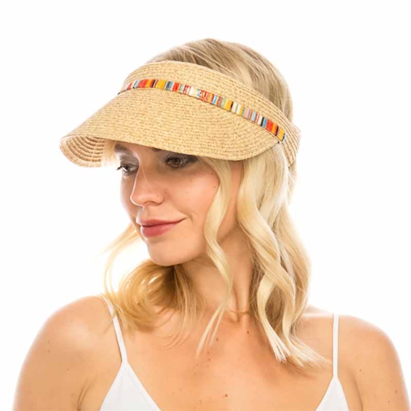 Straw Clip On Sun Visor with Shimmery Band - Boardwalk Style Visor Cap Boardwalk Style Hats    