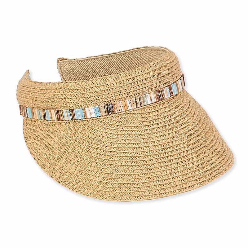 Straw Clip On Sun Visor with Shimmery Band - Boardwalk Style Visor Cap Boardwalk Style Hats DA1852nt Toast Tweed  
