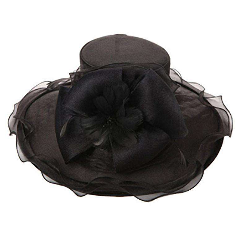 Organza Hat with Feather Flower and Bow Dress Hat Something Special Hat sw2722bk Black  