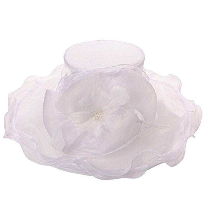 Organza Hat with Feather Flower and Bow Dress Hat Something Special Hat SW2722WH White  