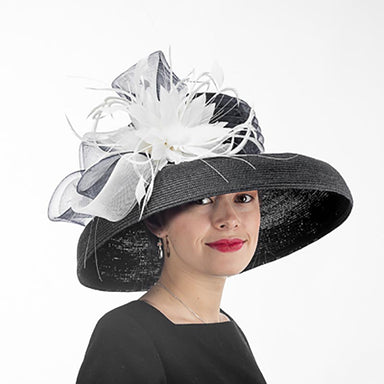 Tiffany Brim Black and White Dress Hat with Feather Flower - KaKyCO Dress Hat KaKyCO 301852-bk.wt Black  