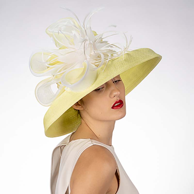 Tiffany Brim Yellow and White Dress Hat with Feather Flower  display picture 2