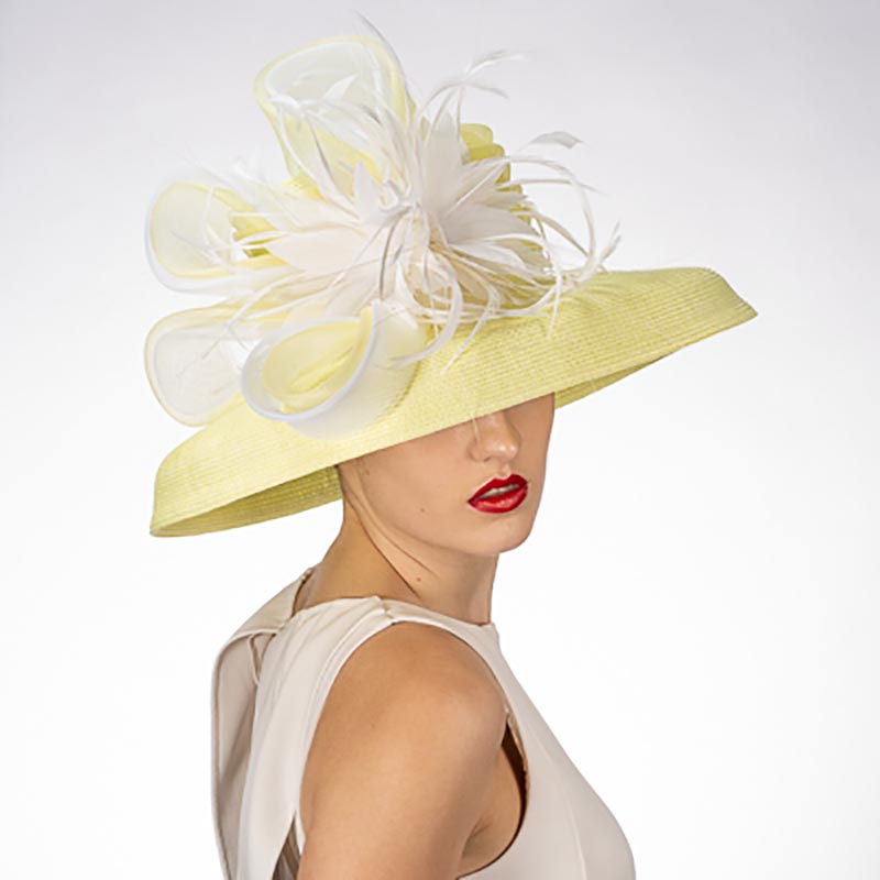 Tiffany Brim Yellow and White Dress Hat with Feather Flower  display picture 1