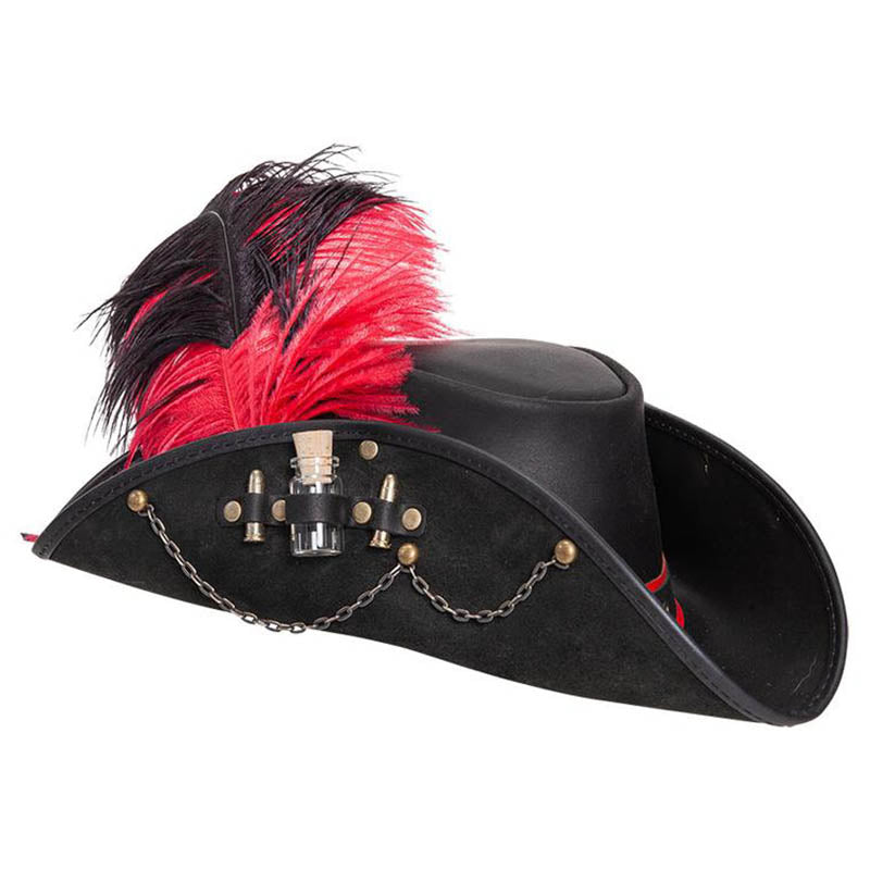 Wide Brim Leather Cavalier Hat Black With Large Feather Plume