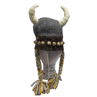Peruvian Hand Knit Viking Hat with Horns Beanie Peruvian Trading Co VIKING Grey  