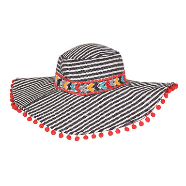 Vintage Samba Red Beaded Striped Bohemian Hat - America and Beyond Wide Brim Hat America and Beyond ABAH-052 Black / White OS 