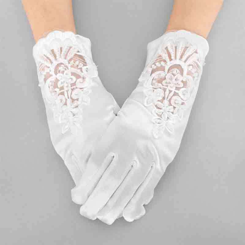Classic Satin Gloves with Embroidered Lace and Beads Gloves Something Special LA glv2231wh White  