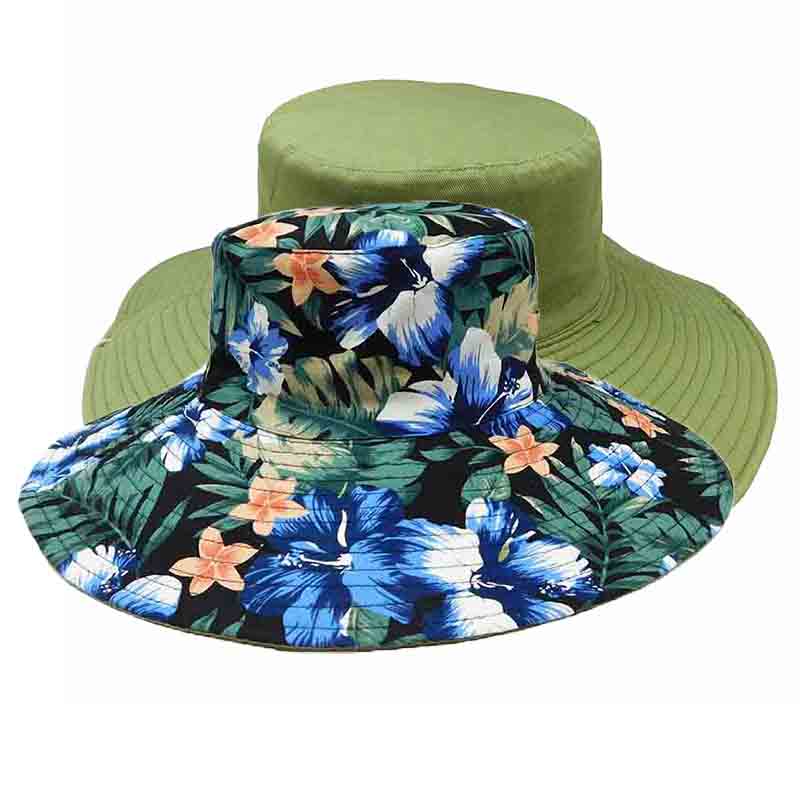 Wide Brim Ladies Reversible Floral Print Bucket Hat - Karen Keith Bucket Hat Great hats by Karen Keith CH98Bx Olive L/X (58-60 cm) 