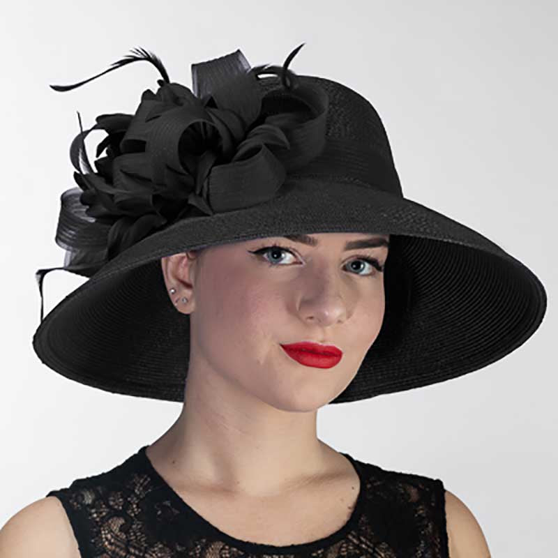 Black Feather Flower Down Brim Church Hat - KaKyCO Dress Hat KaKyCO 301904-bk Black  