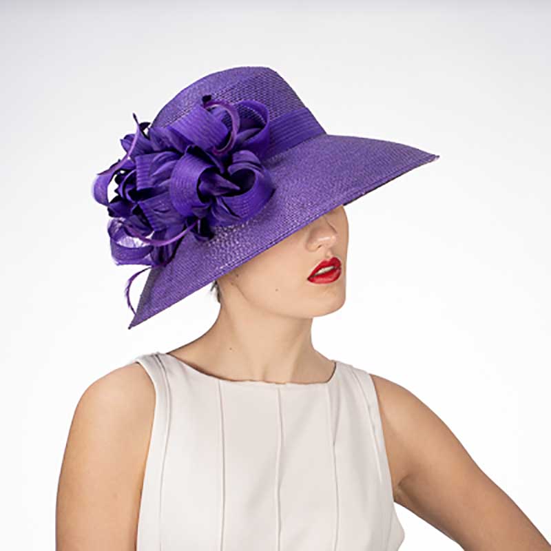 Purple Feather Flower Down Brim Church Hat - KaKyCO Dress Hat KaKyCO 301904-pu Purple  