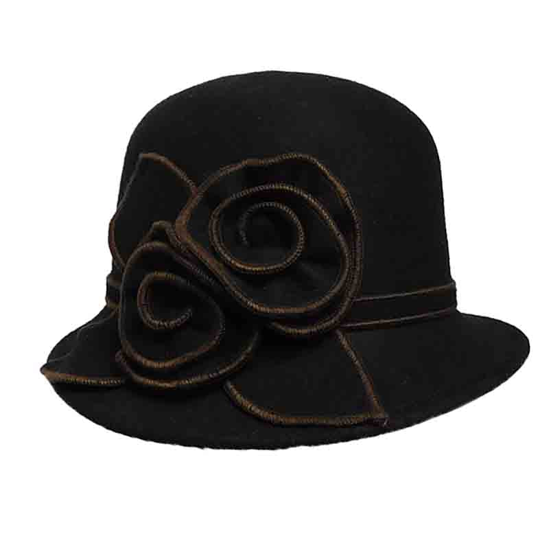 Wool Felt Cloche with Floral Accent - JSA Women's Hats Cloche Jeanne Simmons js7460bk Black Medium (57 cm) 