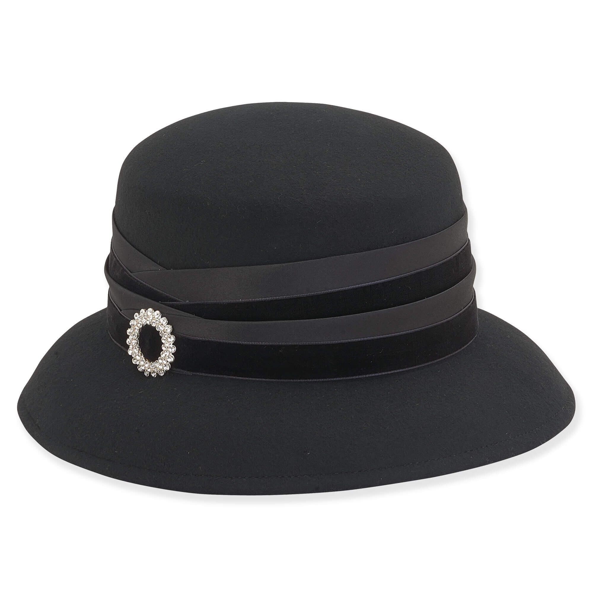 Wool Felt Tiffany Hat with Velvet Band and Brooch - Adora® Hats Cloche Adora Hats AD1089A Black  
